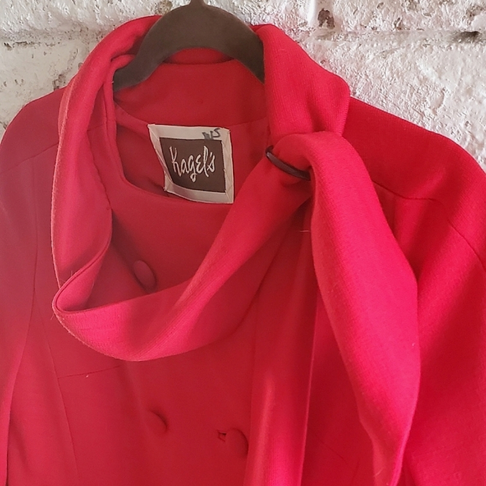 Vintage 50's Kagels Red 100% Wool Swing Jacket Fur Trim Retro Winter Coat Lined - Picture 4 of 15